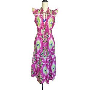 Sal Rosa Multicolor Ikat Print Tiered Maxi Dress M Boho V-Neck Ruffle Sleeve